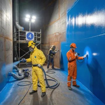 Industrial tank coating process showing surface preparation and lining application