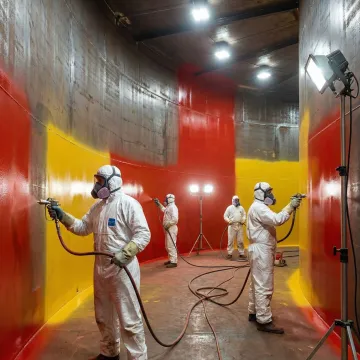 Industrial metal storage tank being coated with protective lining system