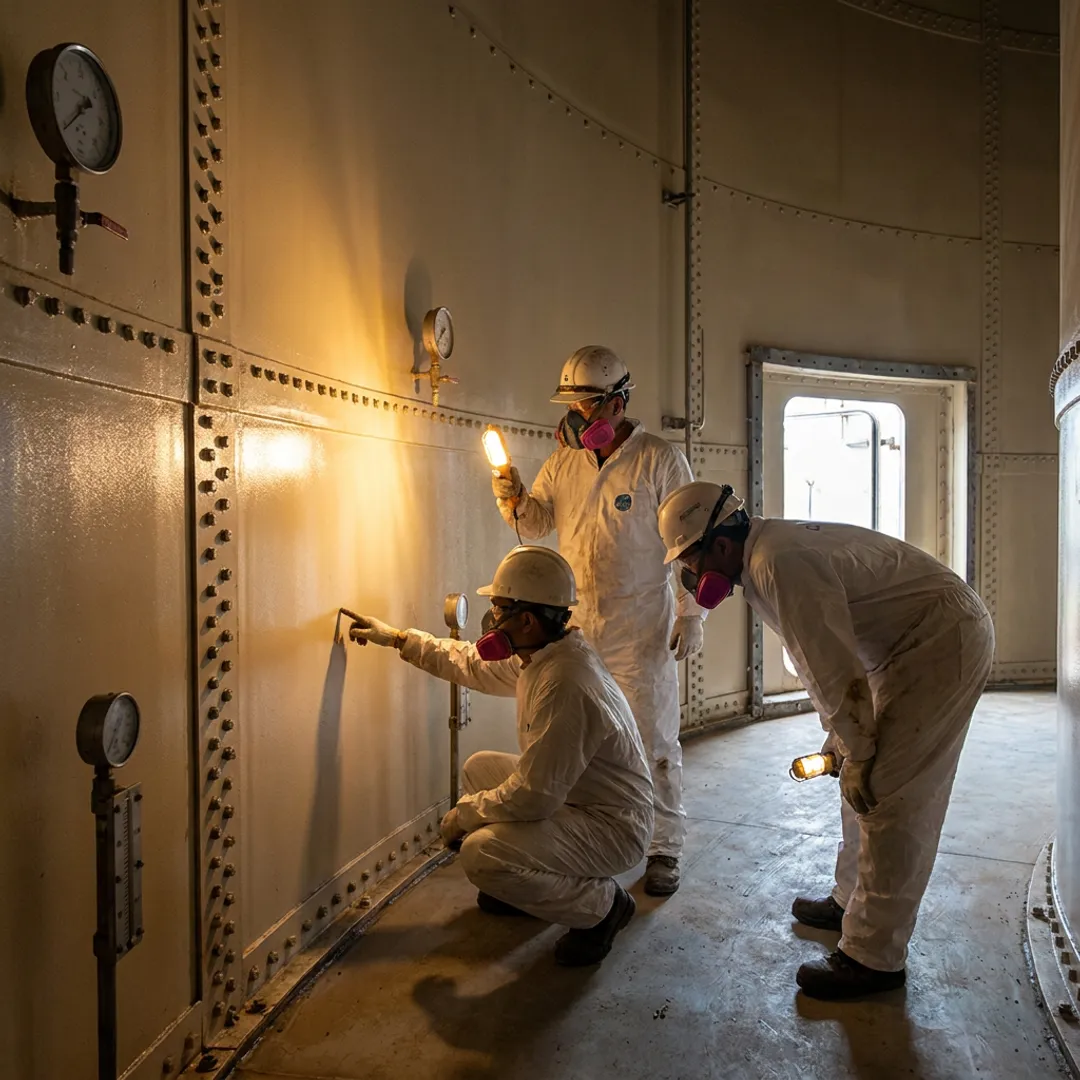 Crew inspecting a relined bolted storage tank