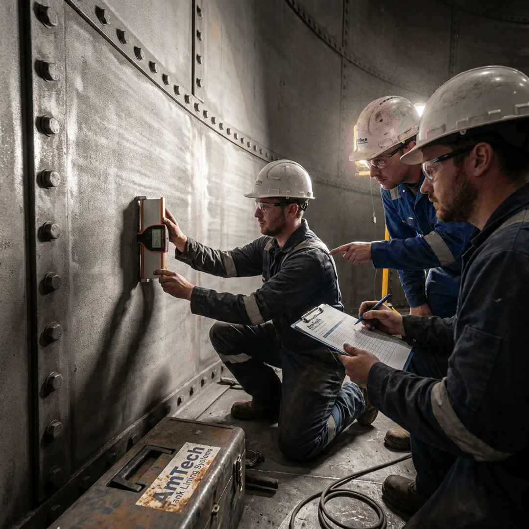 Crew inspecting a bolted steel tank before lining