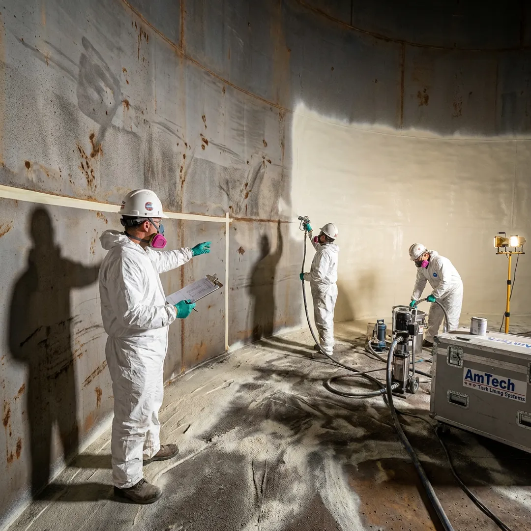 Crew restoring a fire suppression tank lining