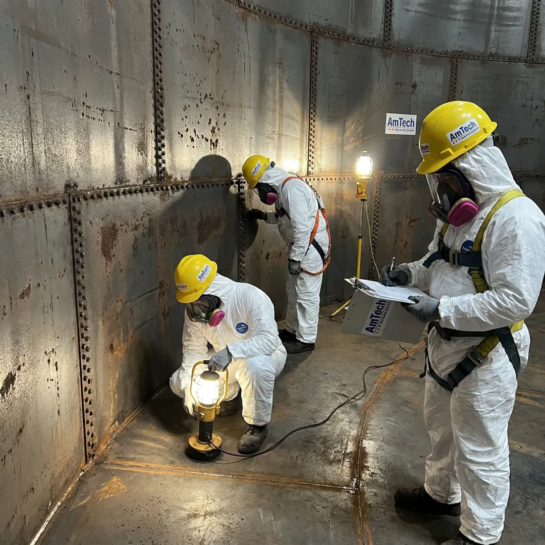 Crew inspecting and lining a wastewater tank interior