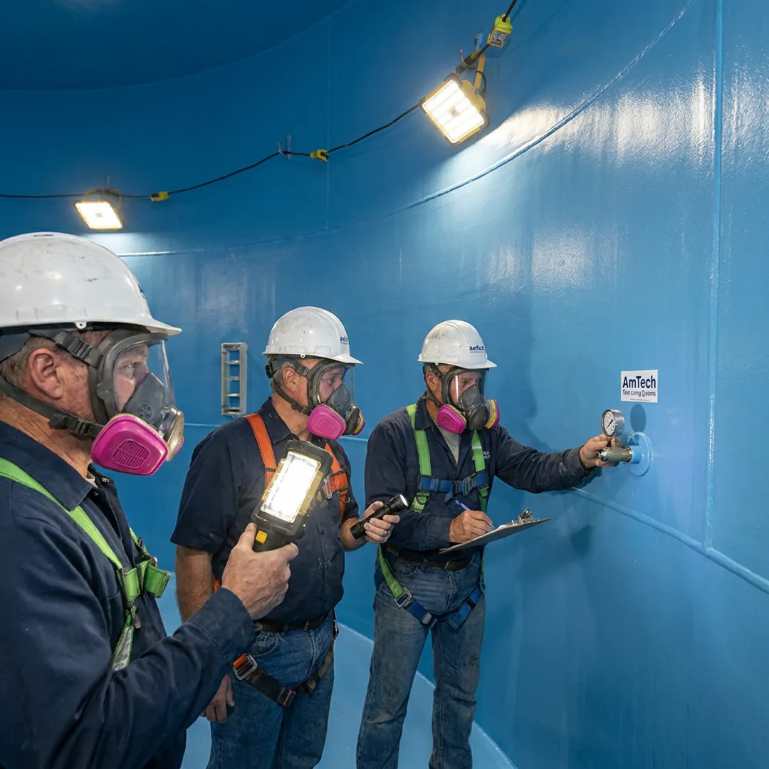 Crew inspecting a lined fire suppression water tank