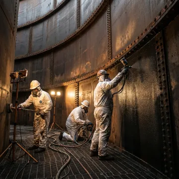 Industrial tank coating crew working inside a bolted storage tank