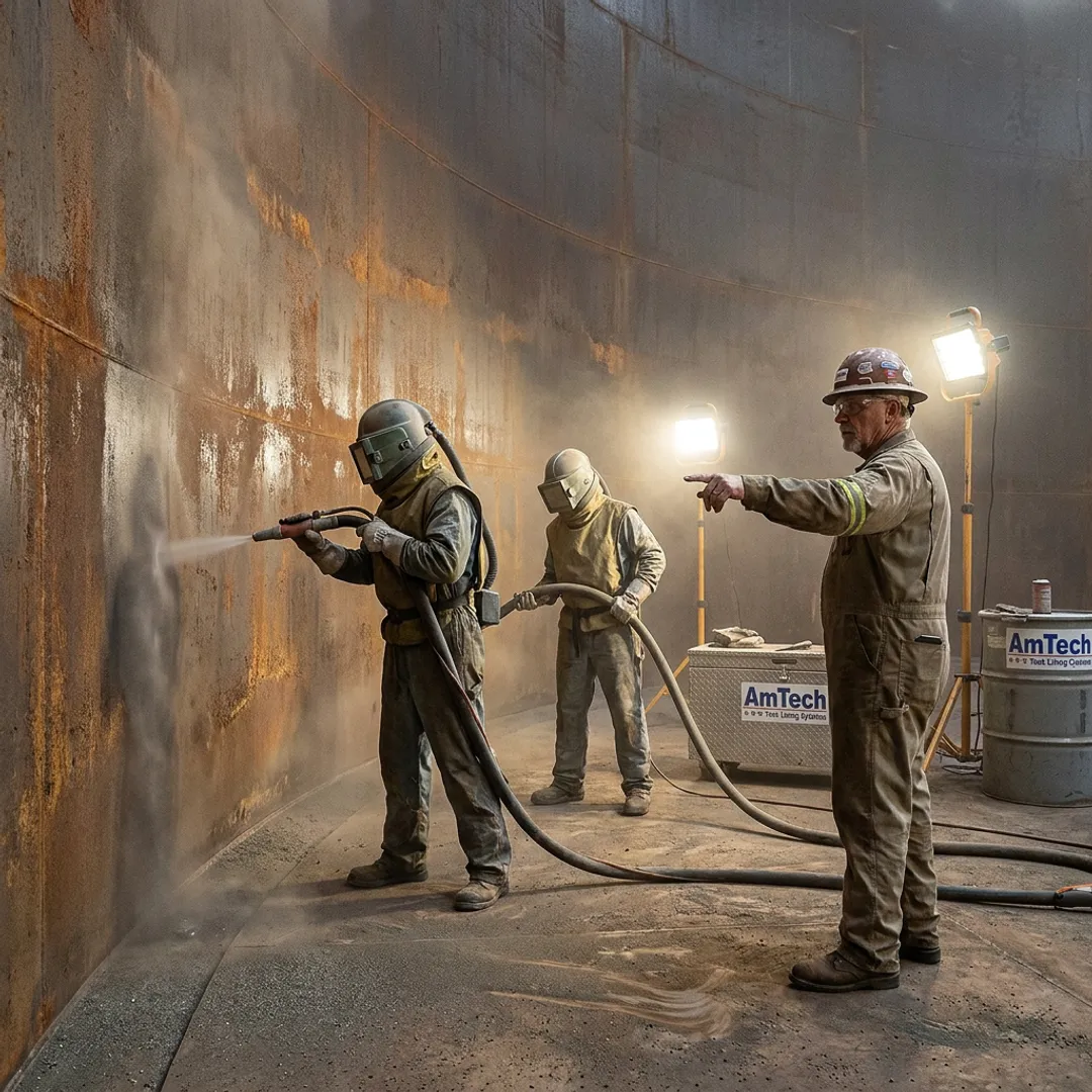Tank relining crew preparing a water storage tank interior