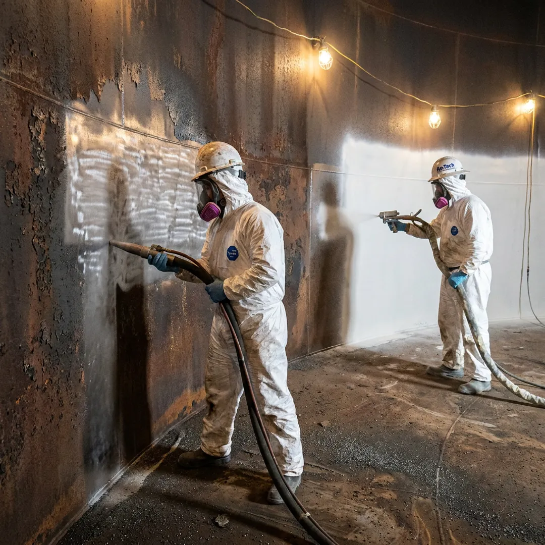 Crew repairing and relining a fire water tank