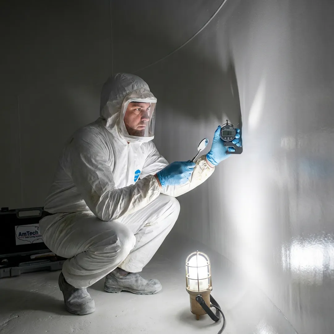 Technician inspecting a relined fire suppression tank