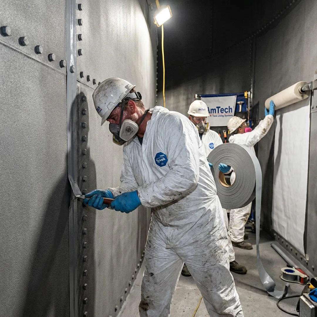 Crew sealing seams inside a bolted steel tank