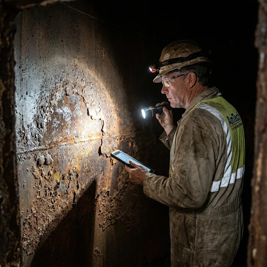 Technician inspecting buried fire water tank