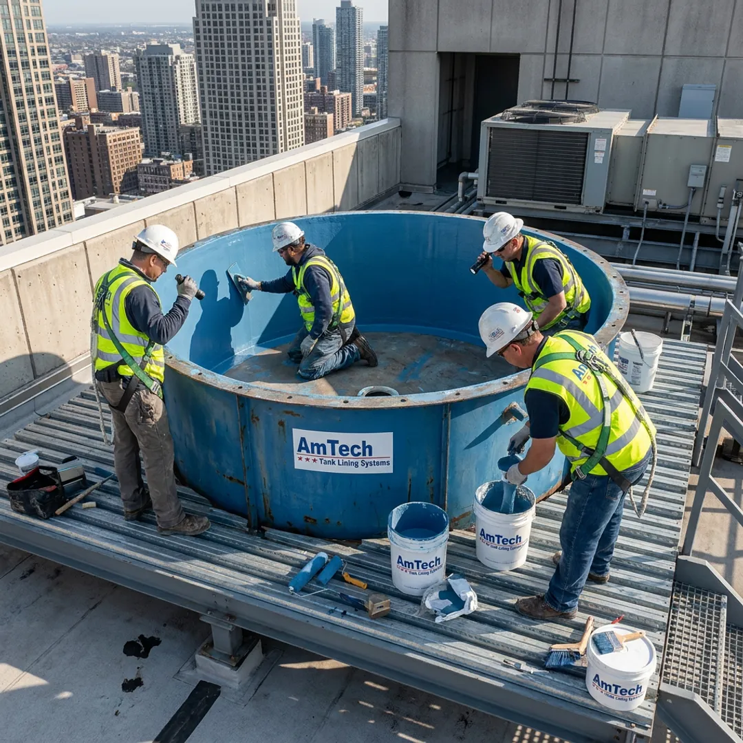 Rooftop & gravity-fed fire suppression tank lining for high-rise buildings