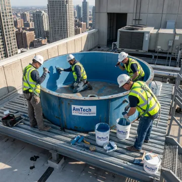 Rooftop fire suppression water tank lining