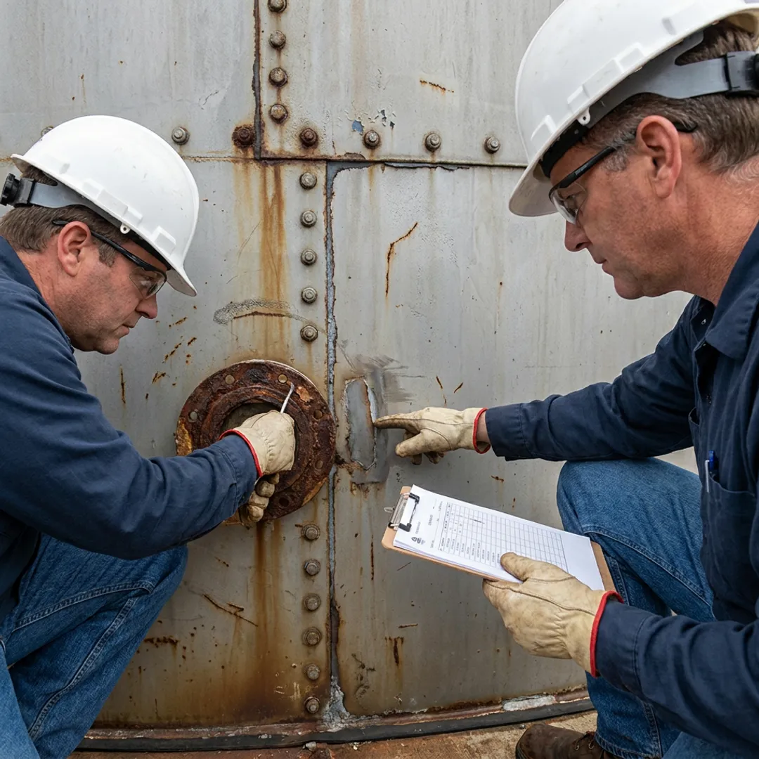 Crew inspecting bolted tank seams before sealing