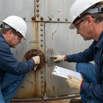 Crew inspecting bolted tank seams before sealing