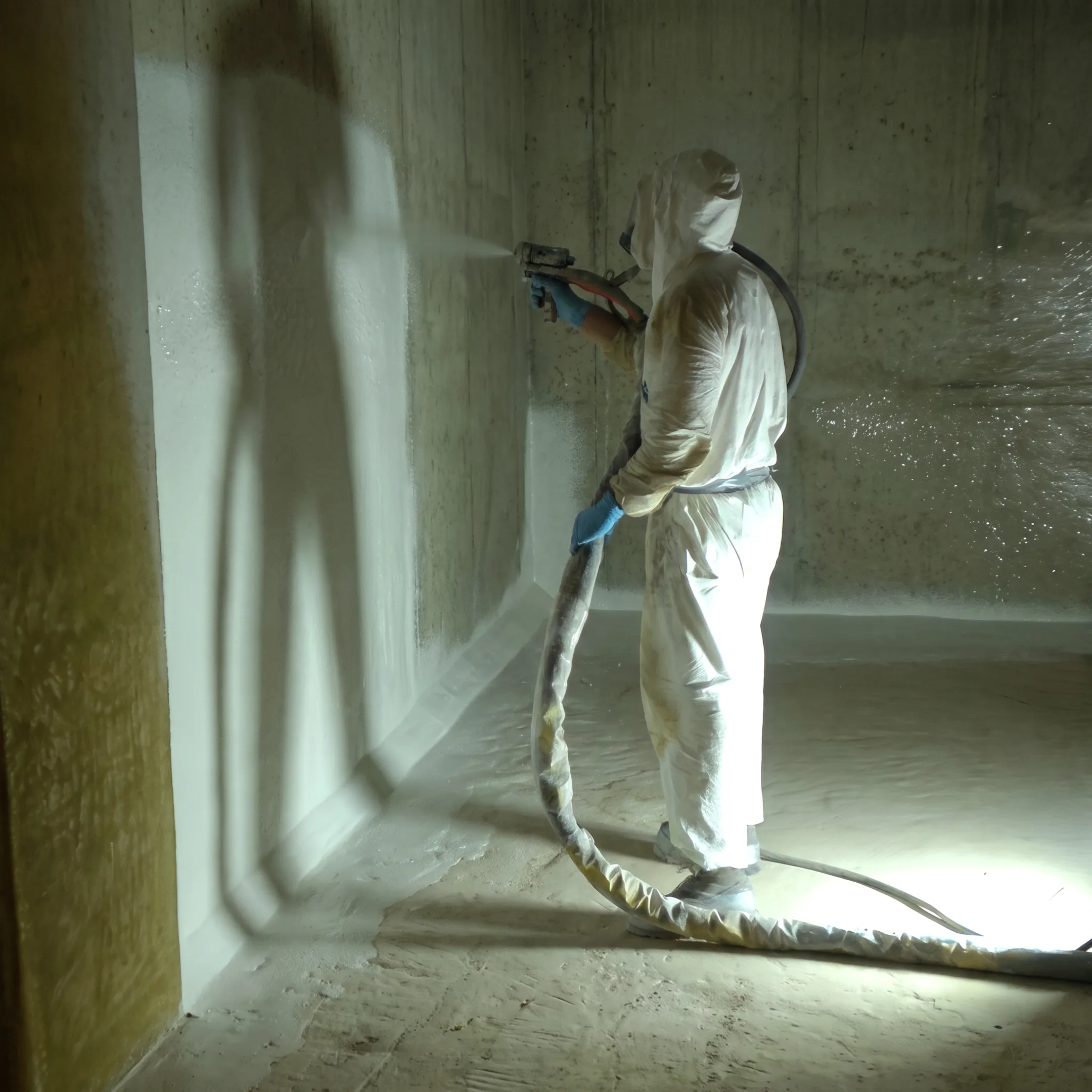 Technician waterproofing a concrete fire suppression tank interior