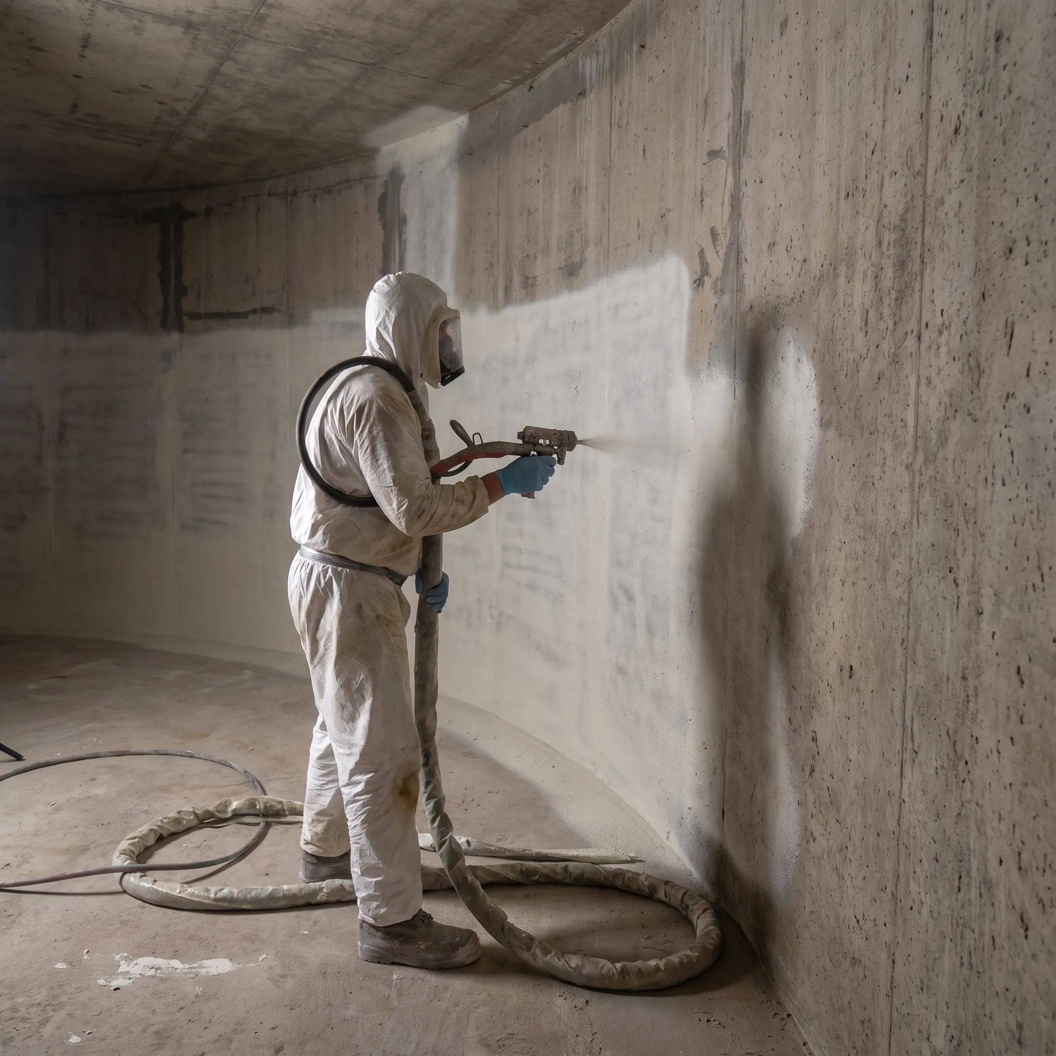 Crew applying waterproof lining inside a concrete fire suppression tank