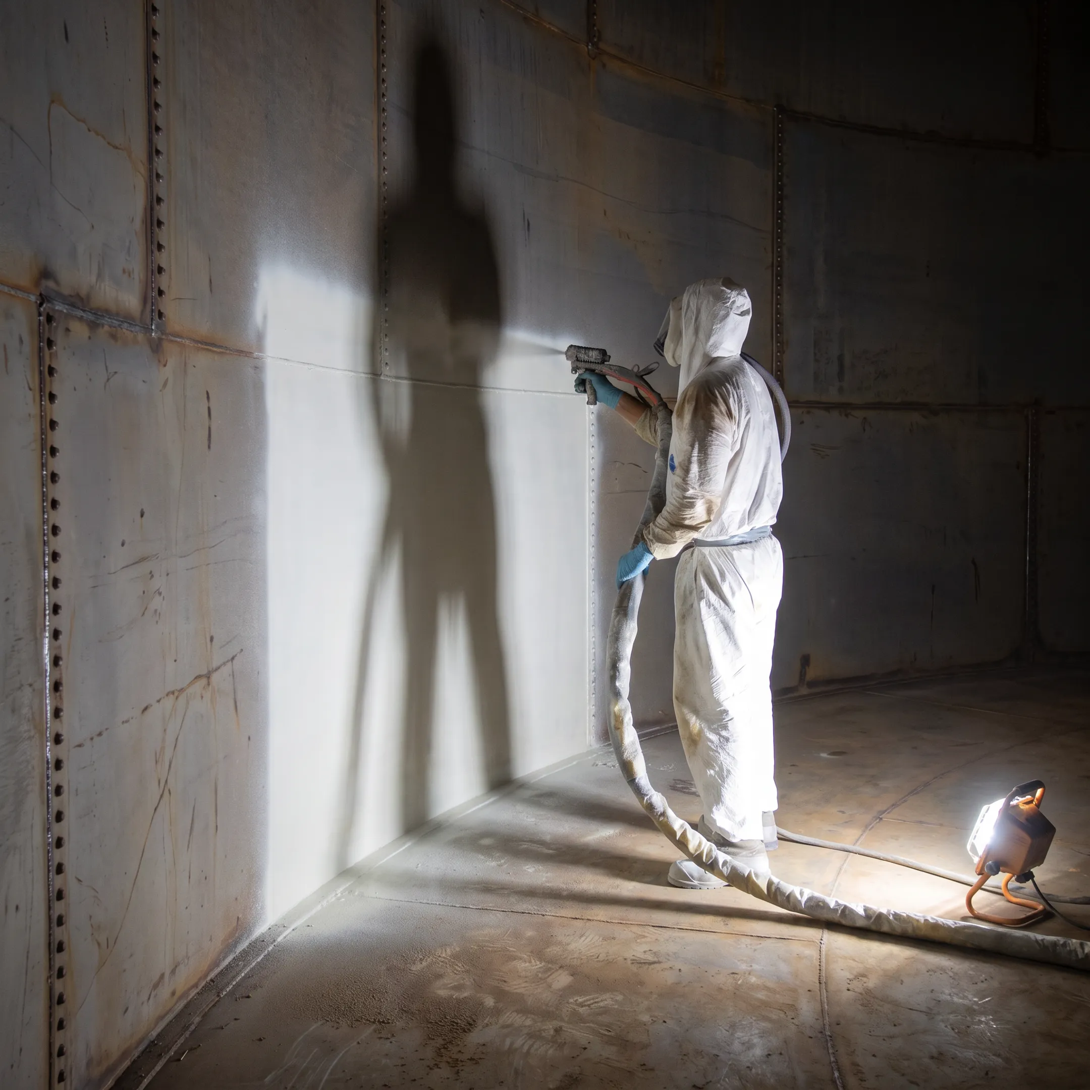Technicians applying protective lining inside a fire suppression water tank