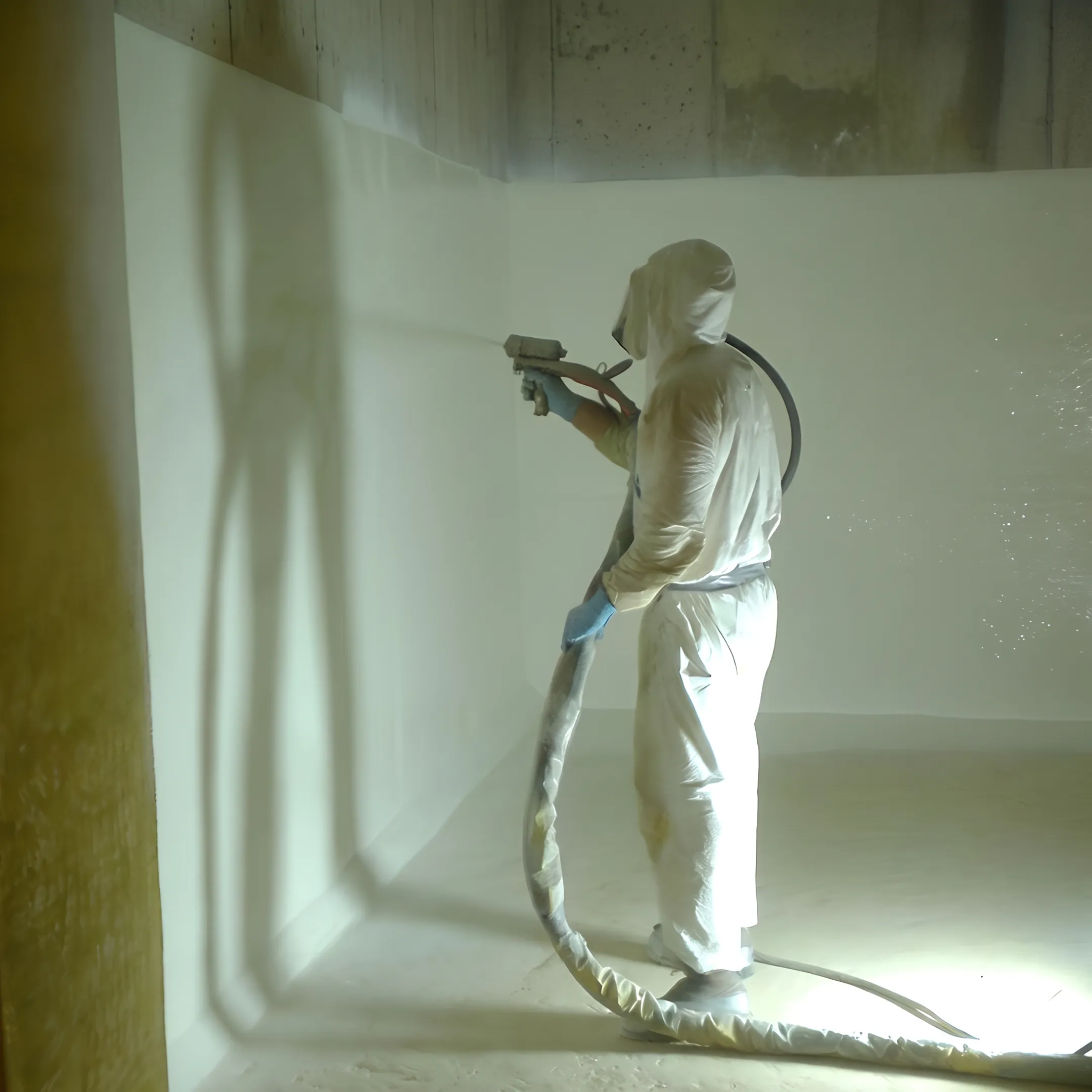 Technicians applying protective lining inside a fire suppression water tank