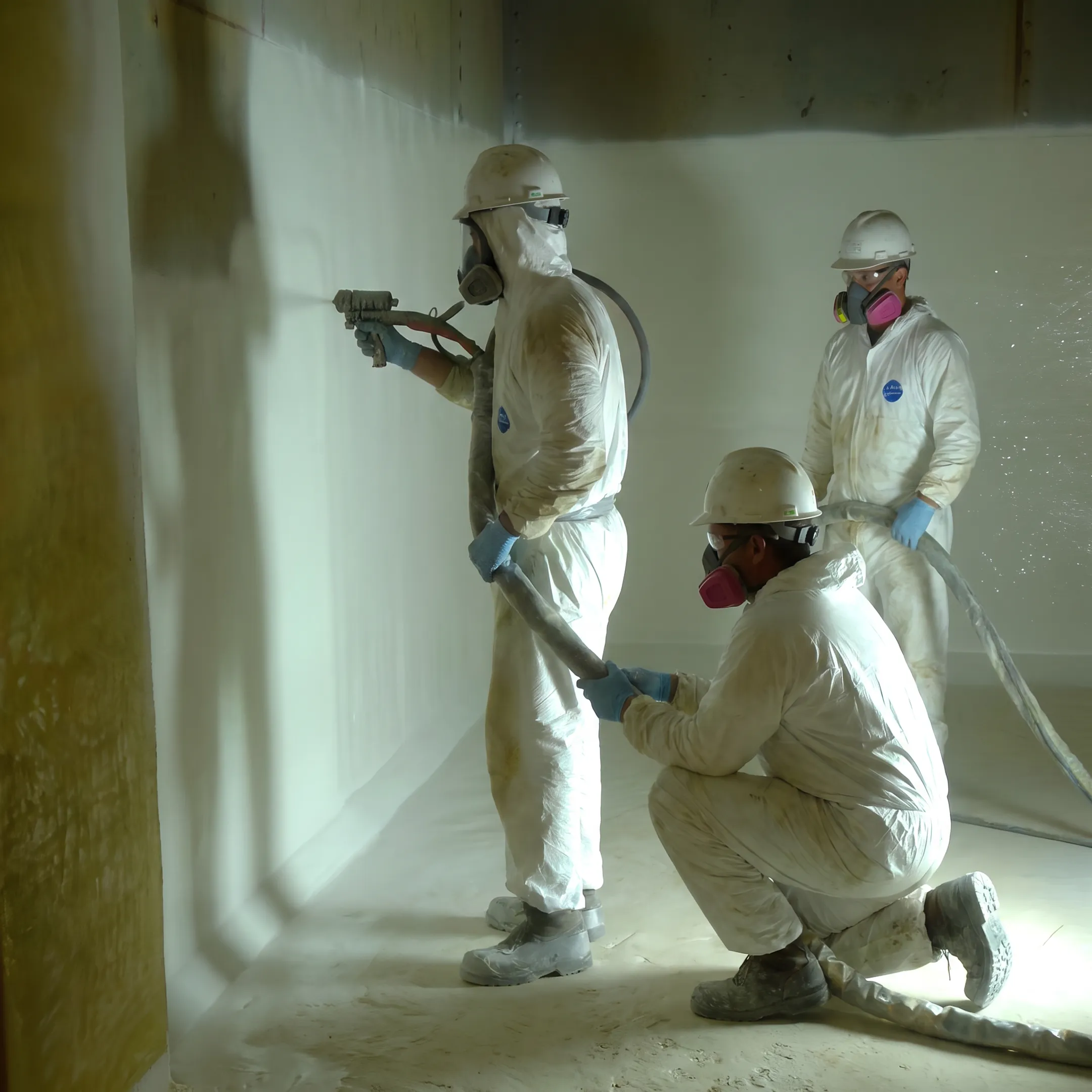 Protective lining being applied inside a fire suppression water tank