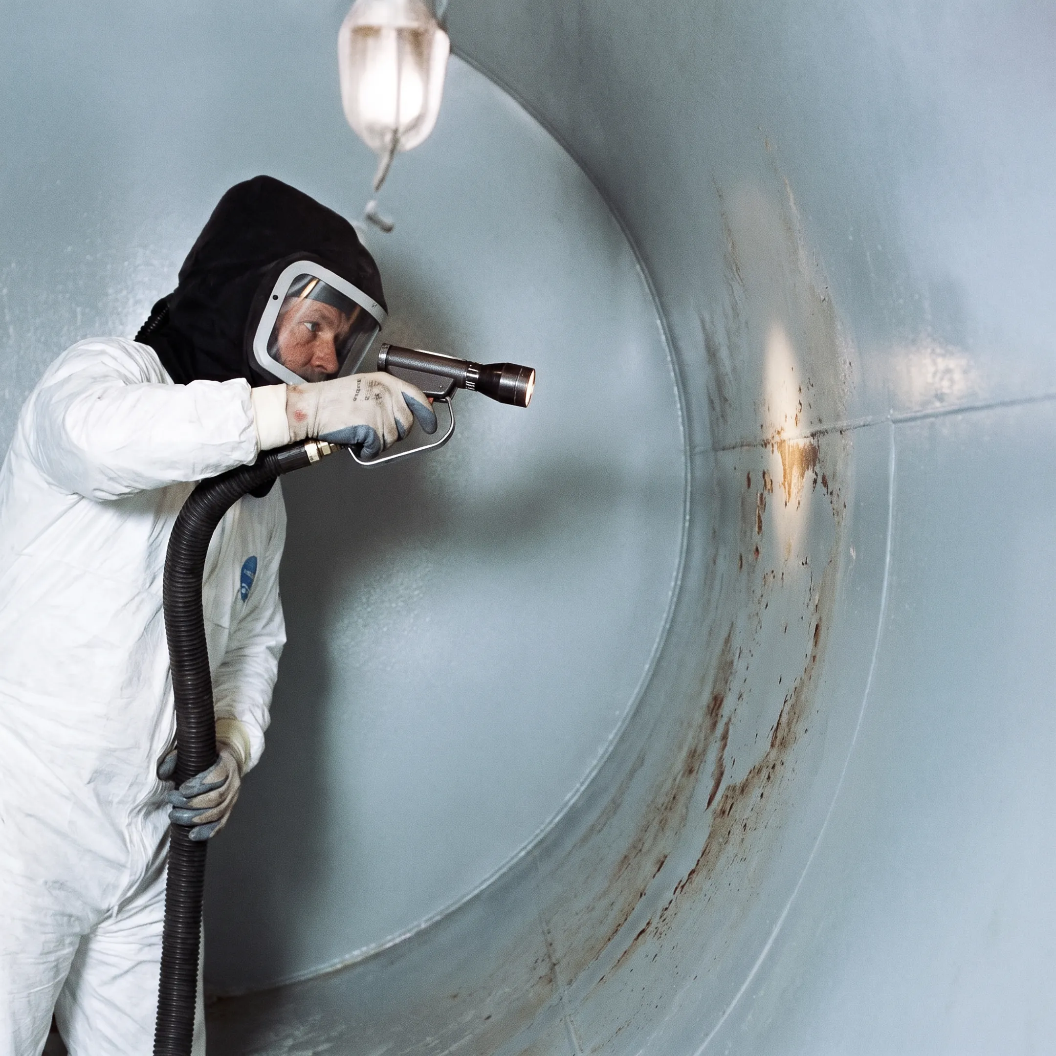 Lining specialist inspecting a fire suppression tank interior