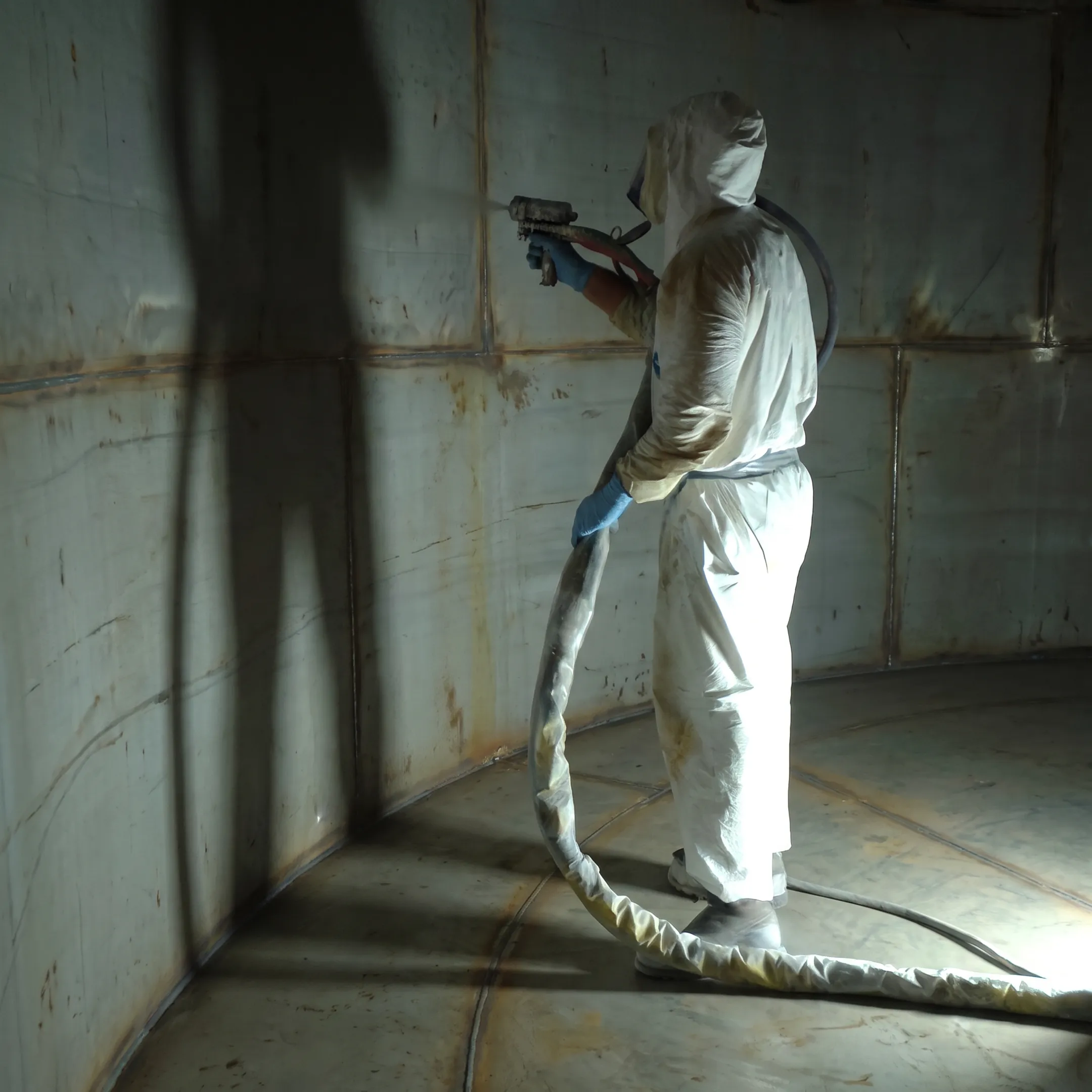 Technicians applying protective lining inside a fire suppression water tank