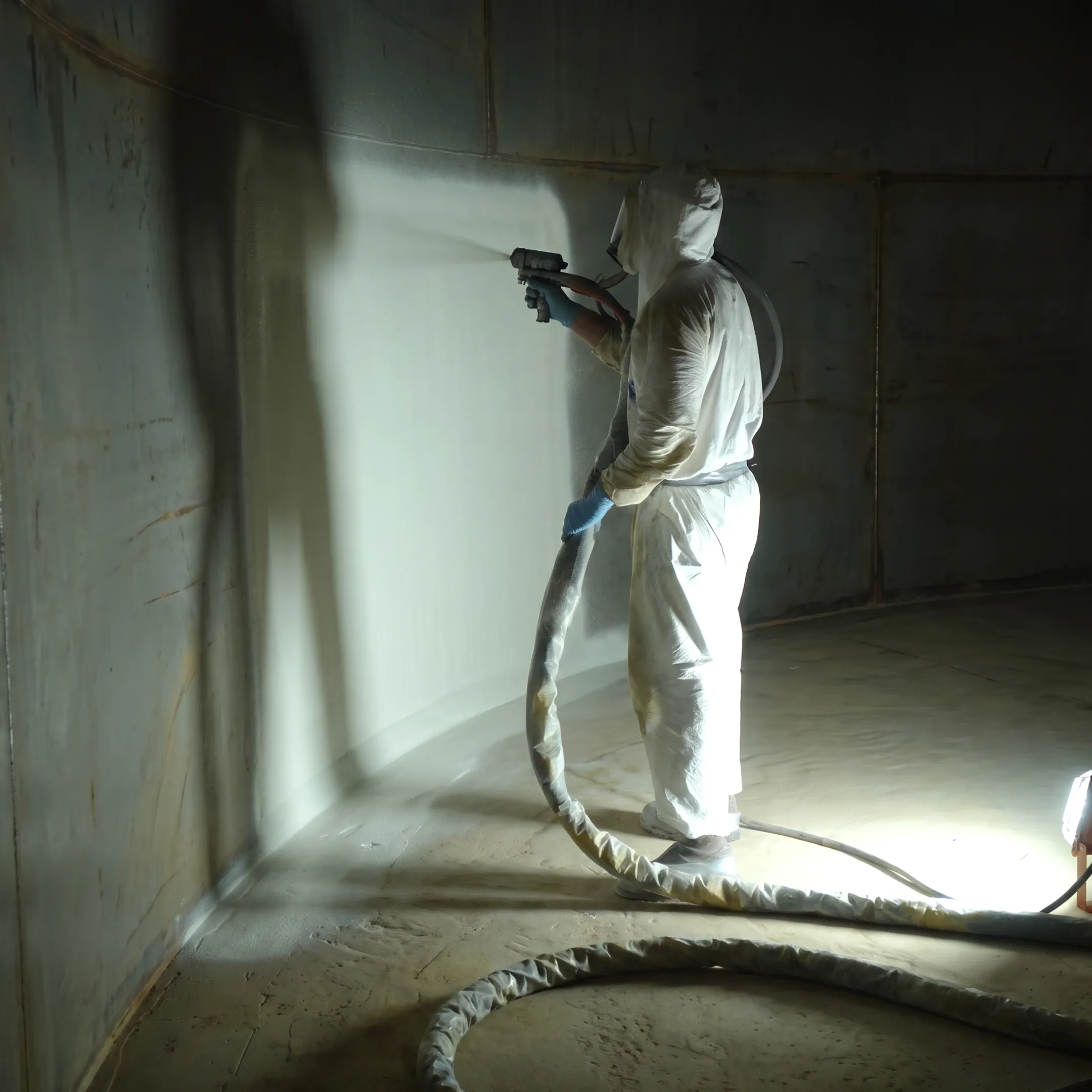 Technicians applying protective lining inside a fire suppression water tank