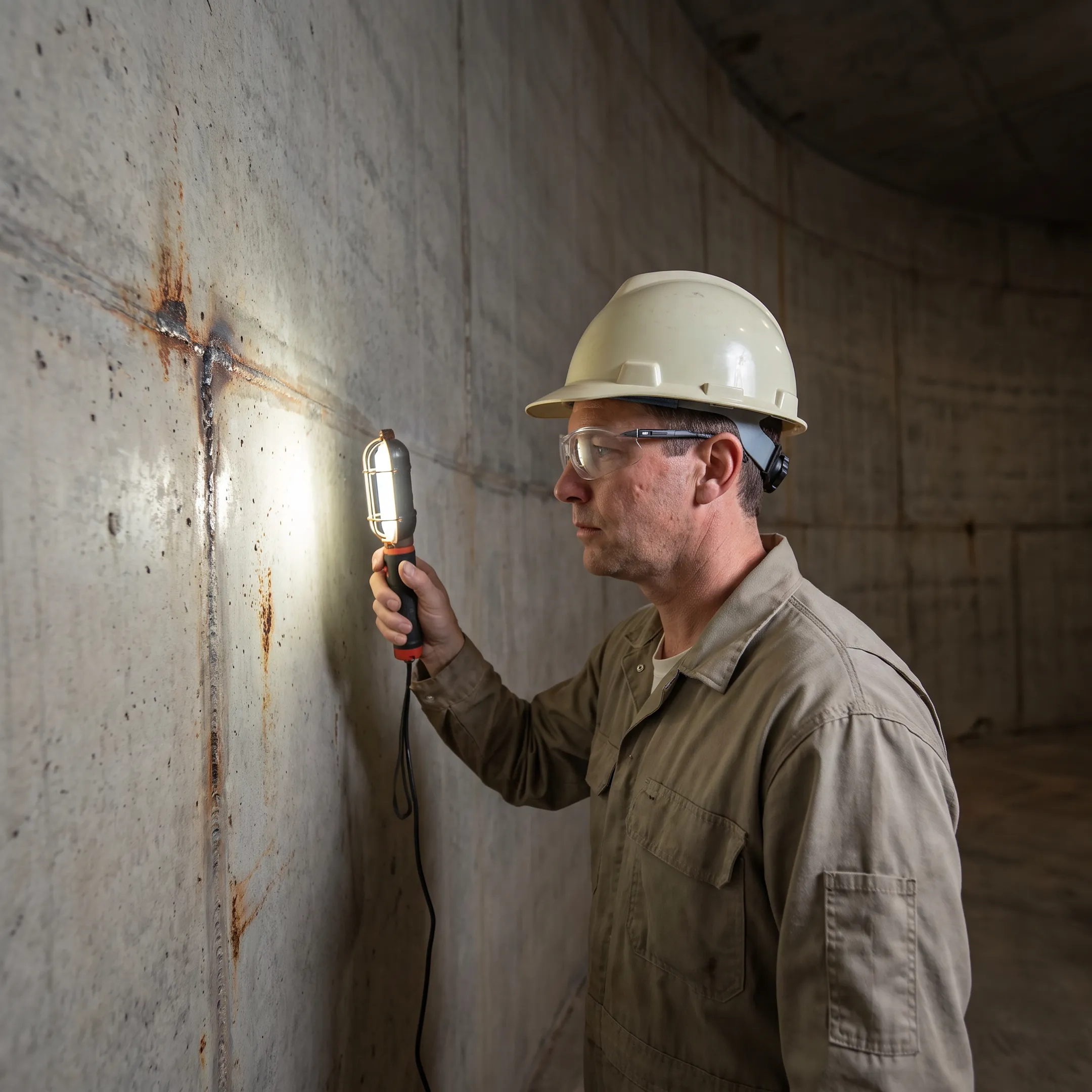 Engineer inspecting a lined fire suppression tank interior