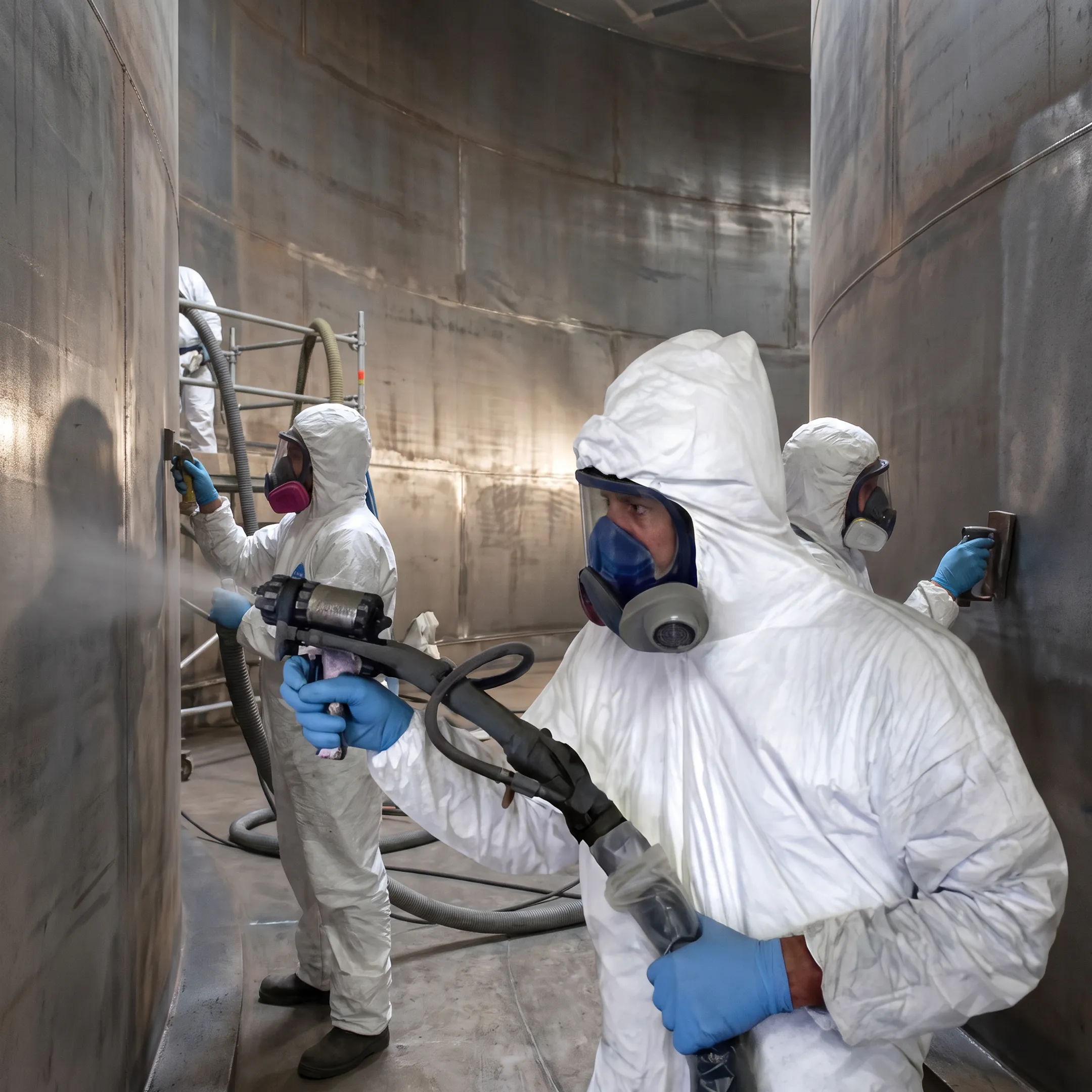 Crew applying protective lining inside a fire water storage tank
