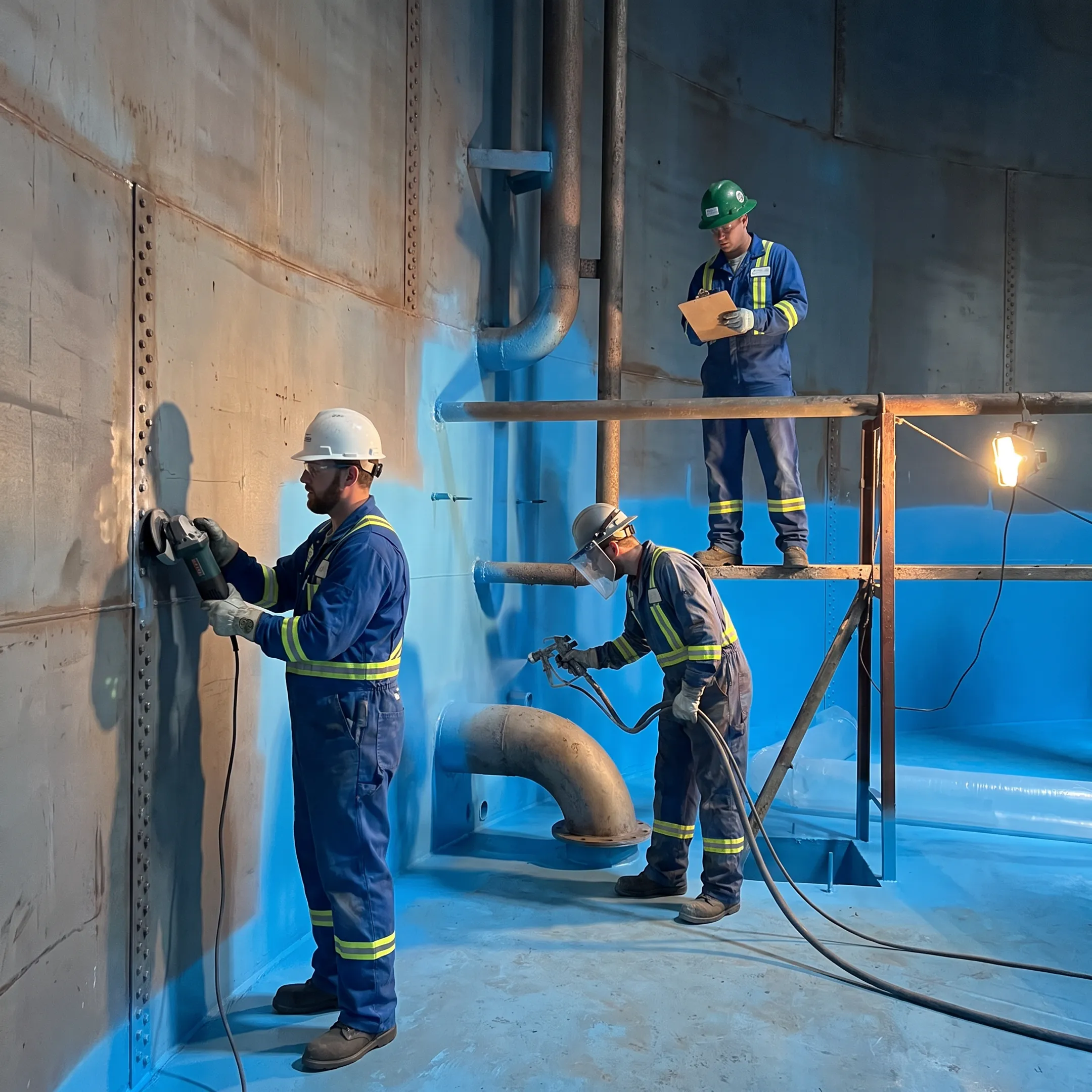 Workers relining the interior of a bolted steel storage tank
