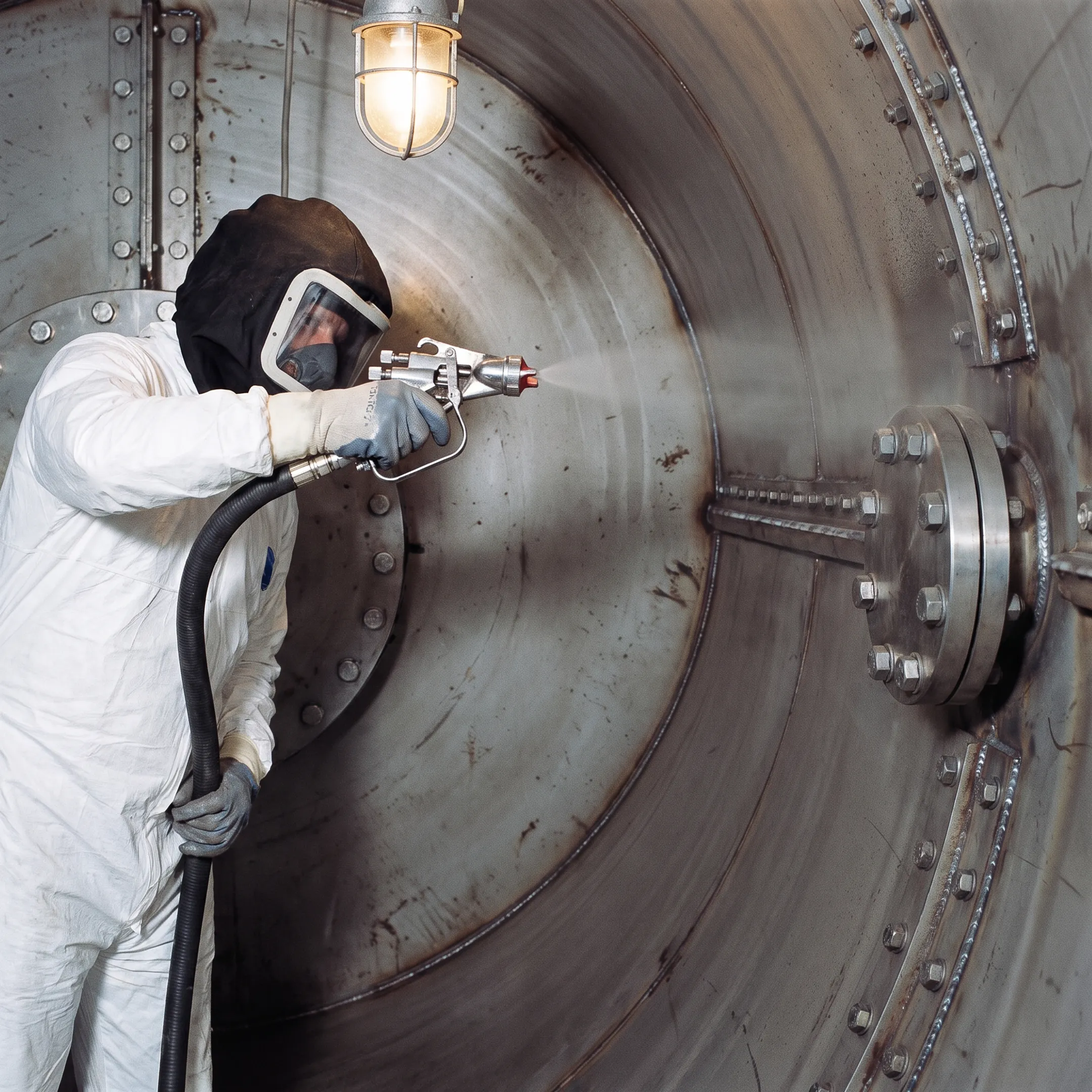 Crew applying protective coating inside a bolted storage tank