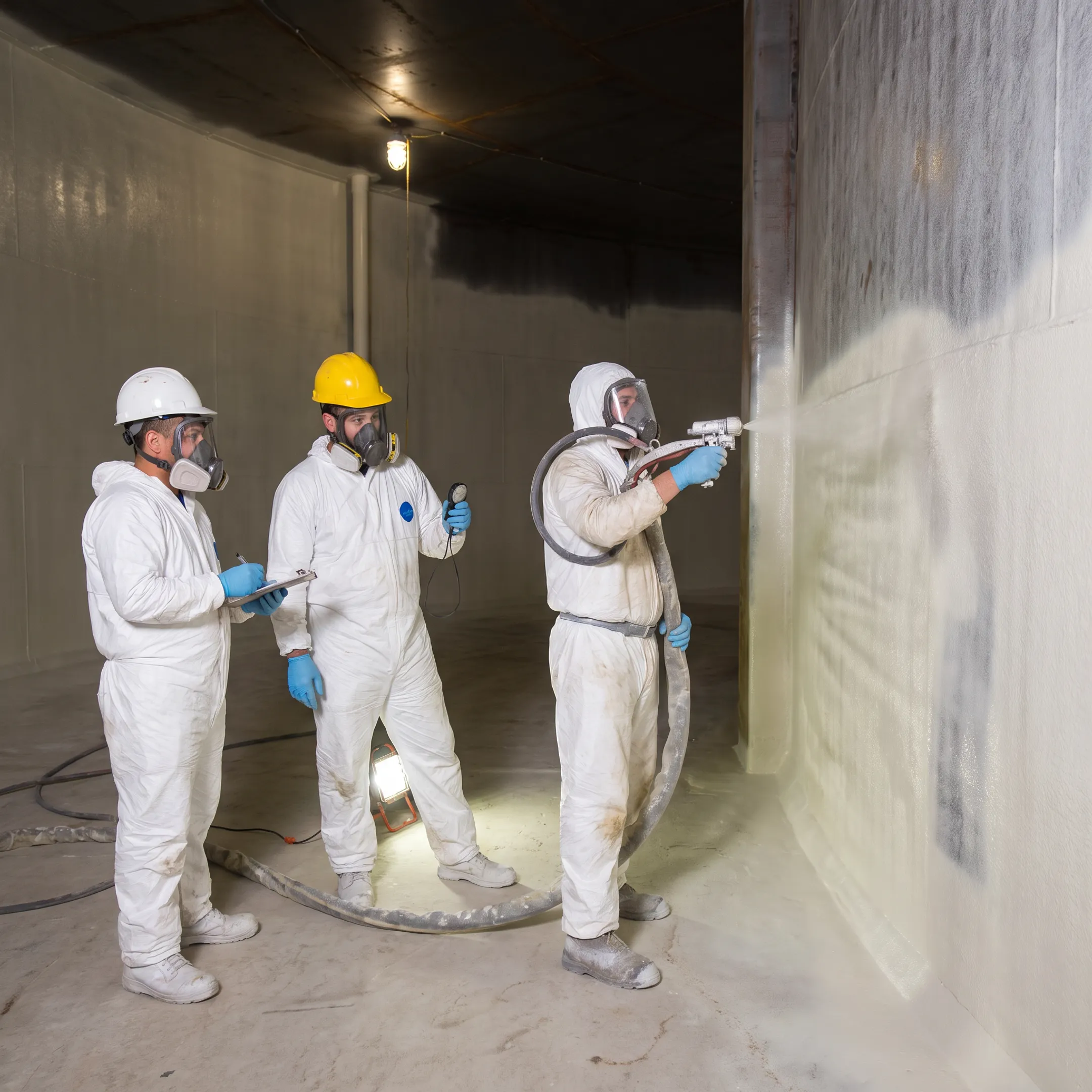 Technicians applying protective lining inside a fire suppression water tank