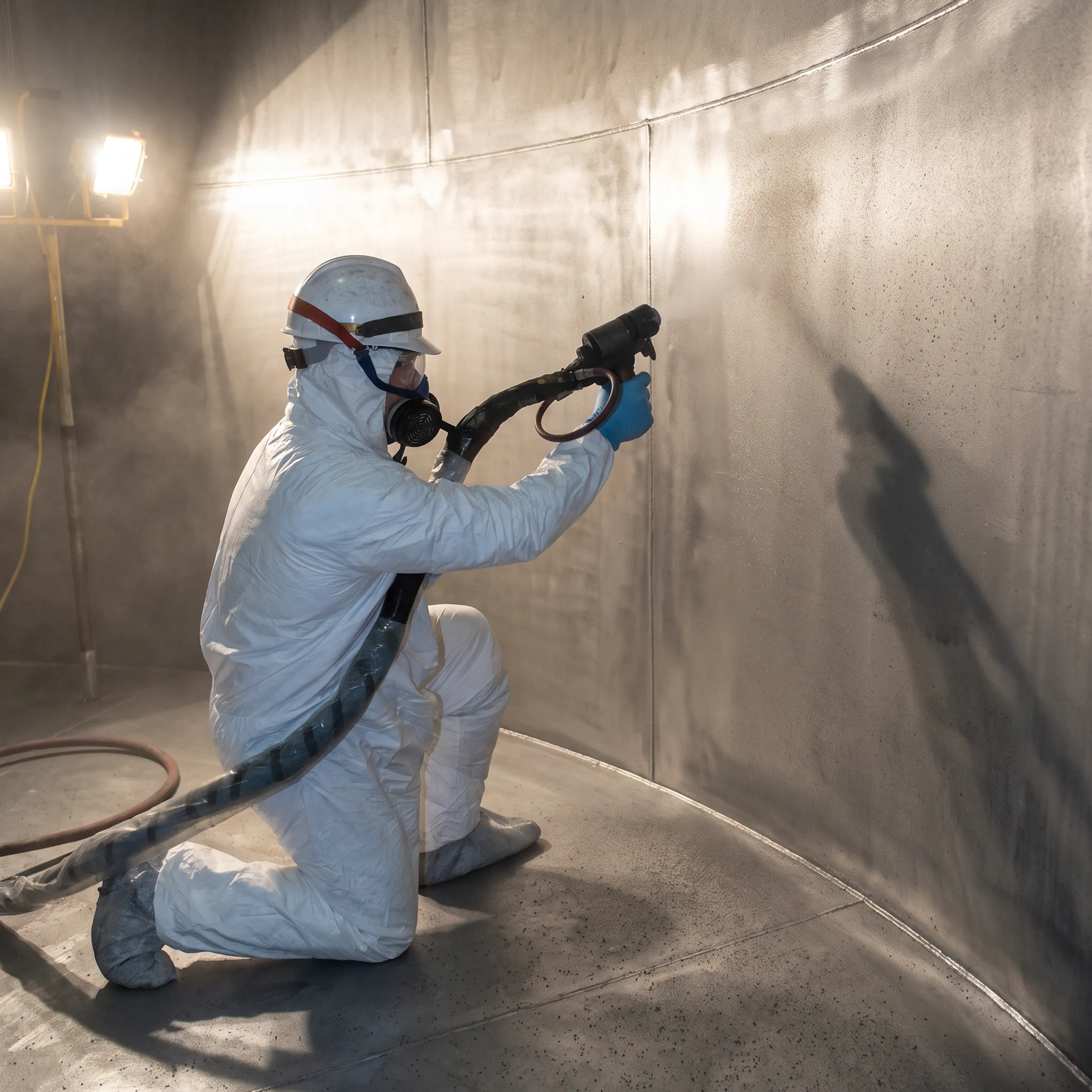 Fire suppression tank interior prepared for protective lining