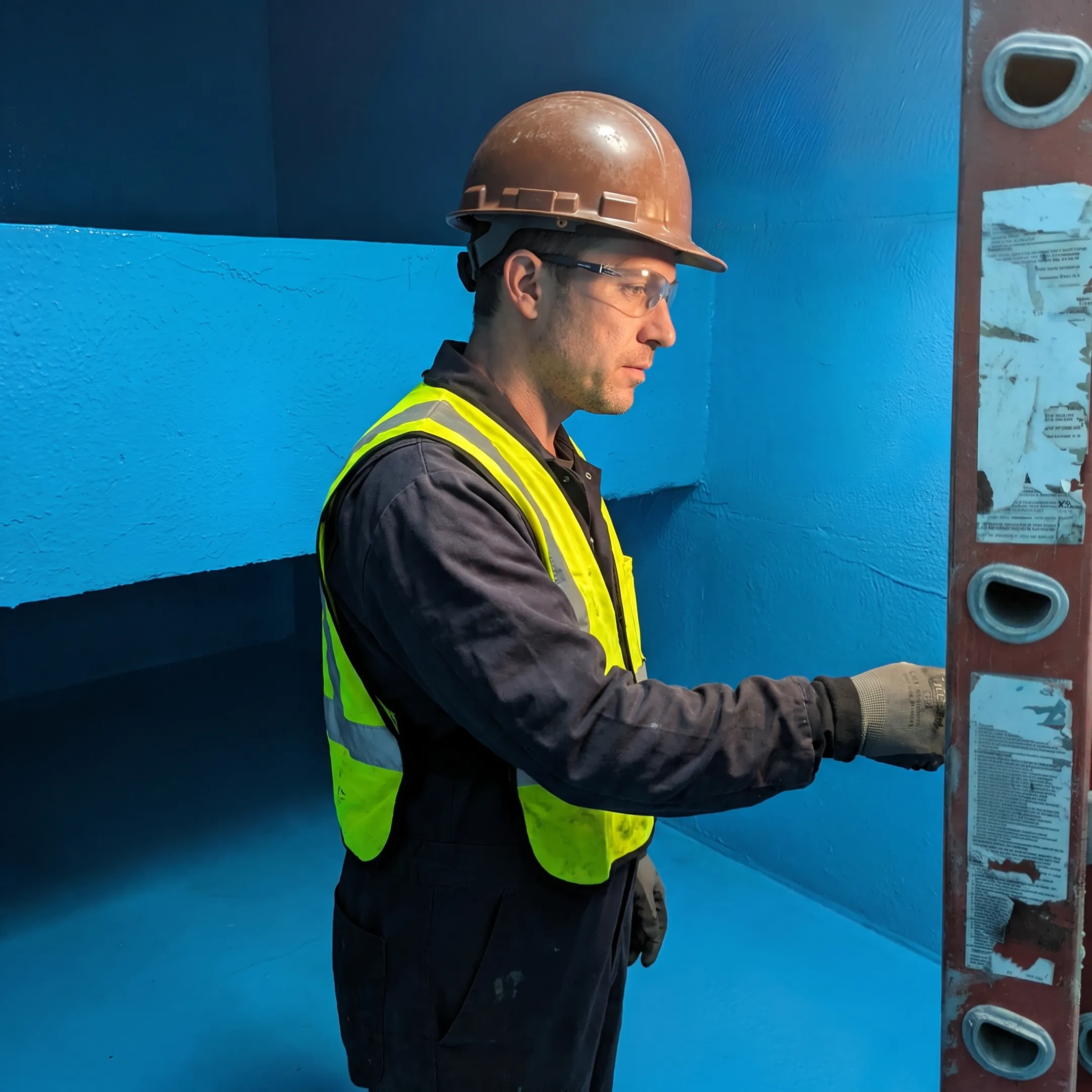 Engineer inspecting a lined fire suppression tank interior