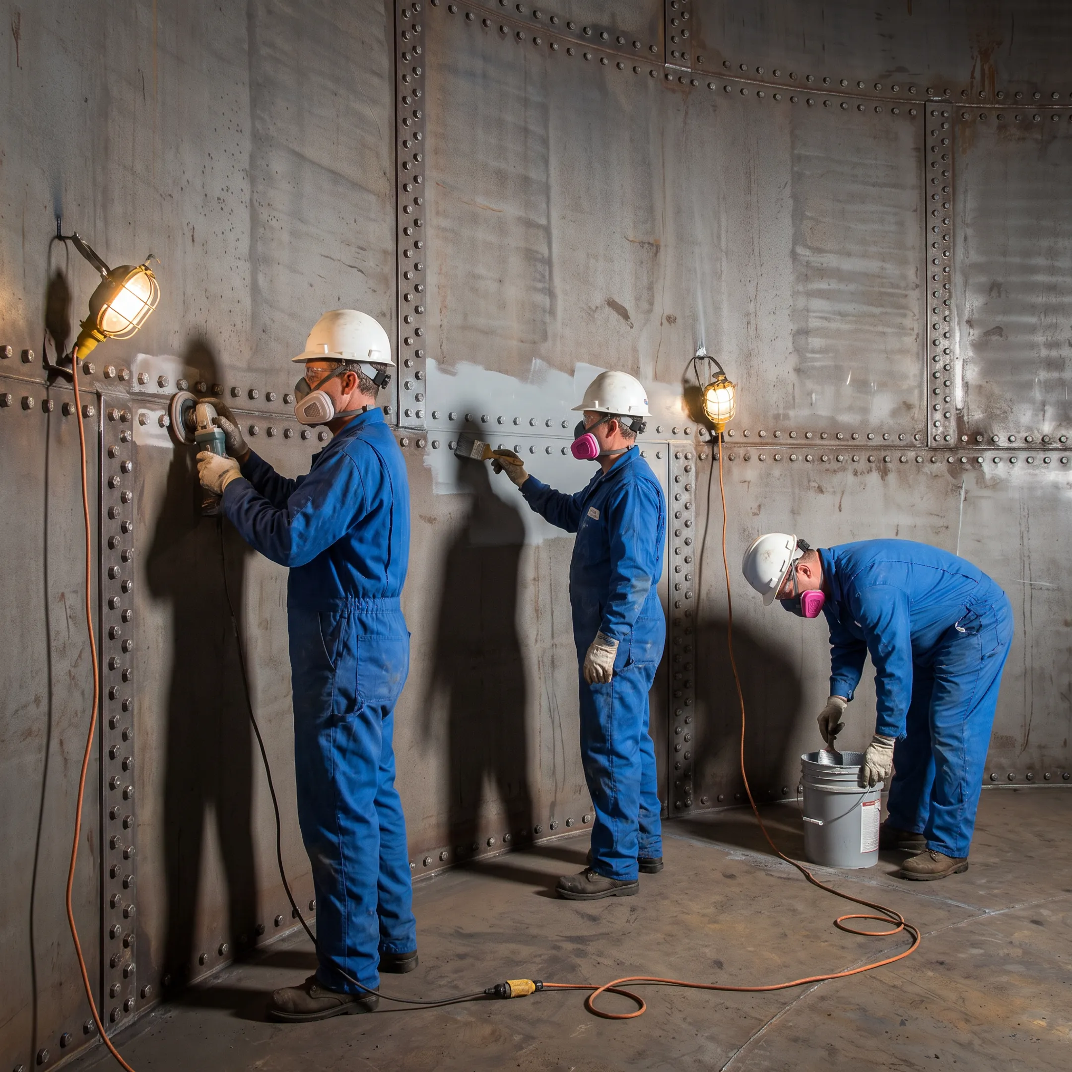 Crew applying protective lining inside a bolted storage tank