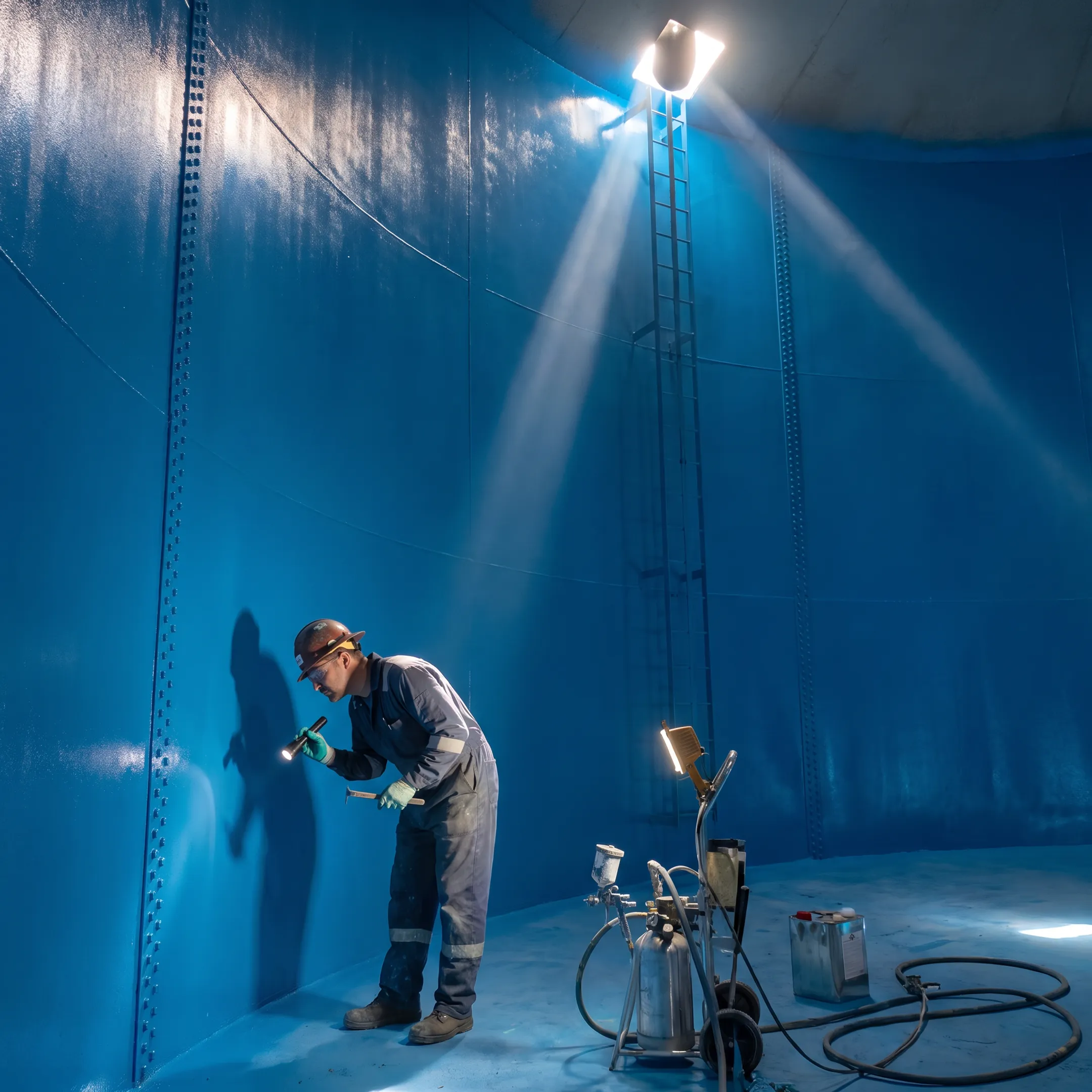 Technician inspecting a coated bolted tank interior