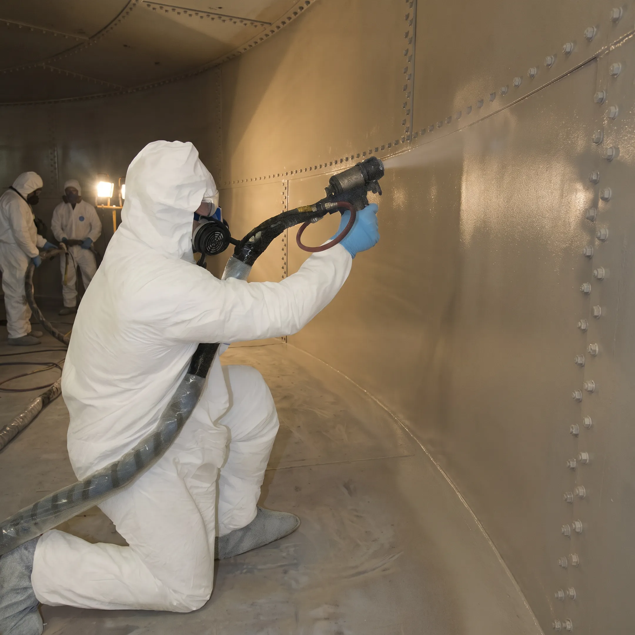 Technicians applying polyurea lining inside a bolted steel storage tank