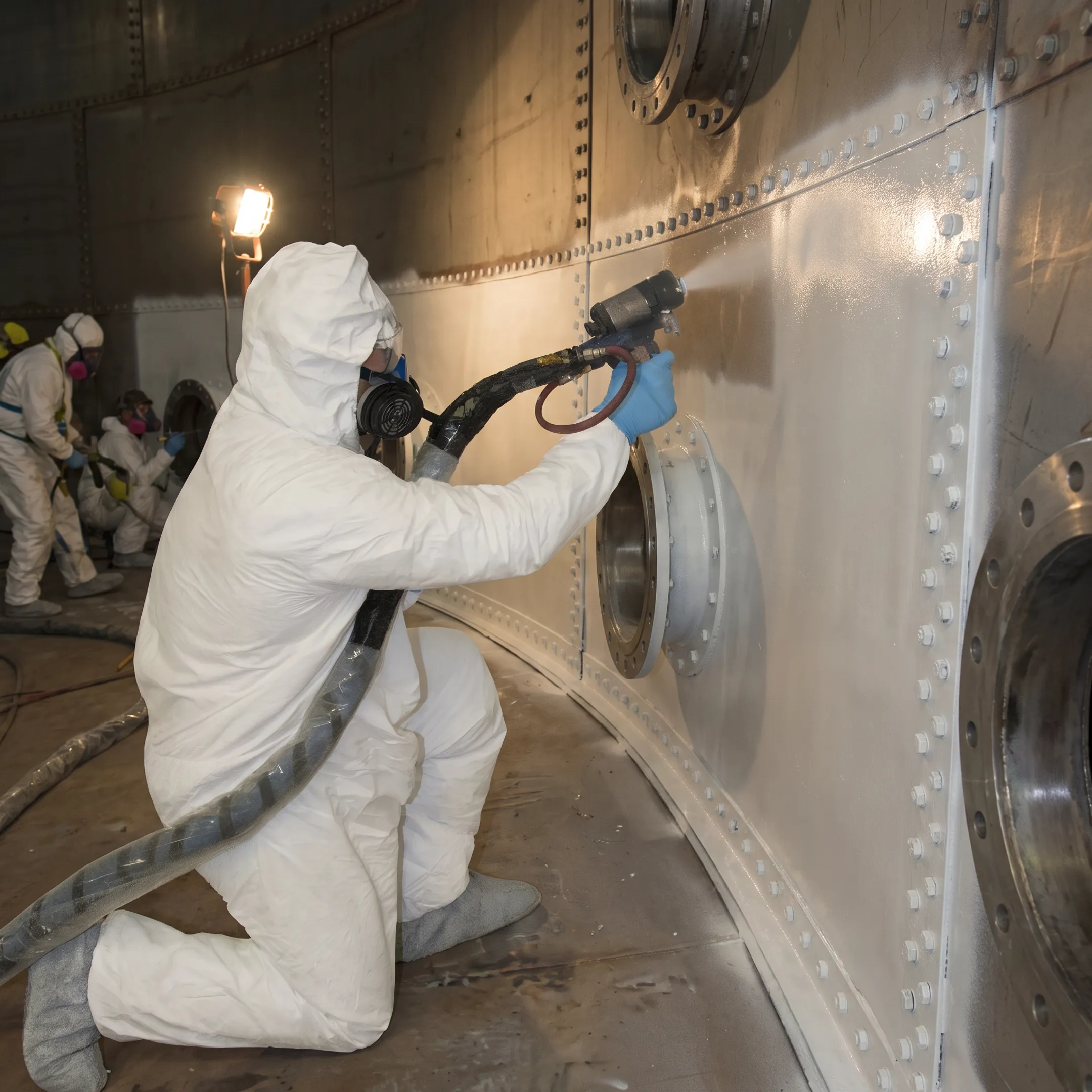 Technicians applying protective lining inside a bolted steel storage tank