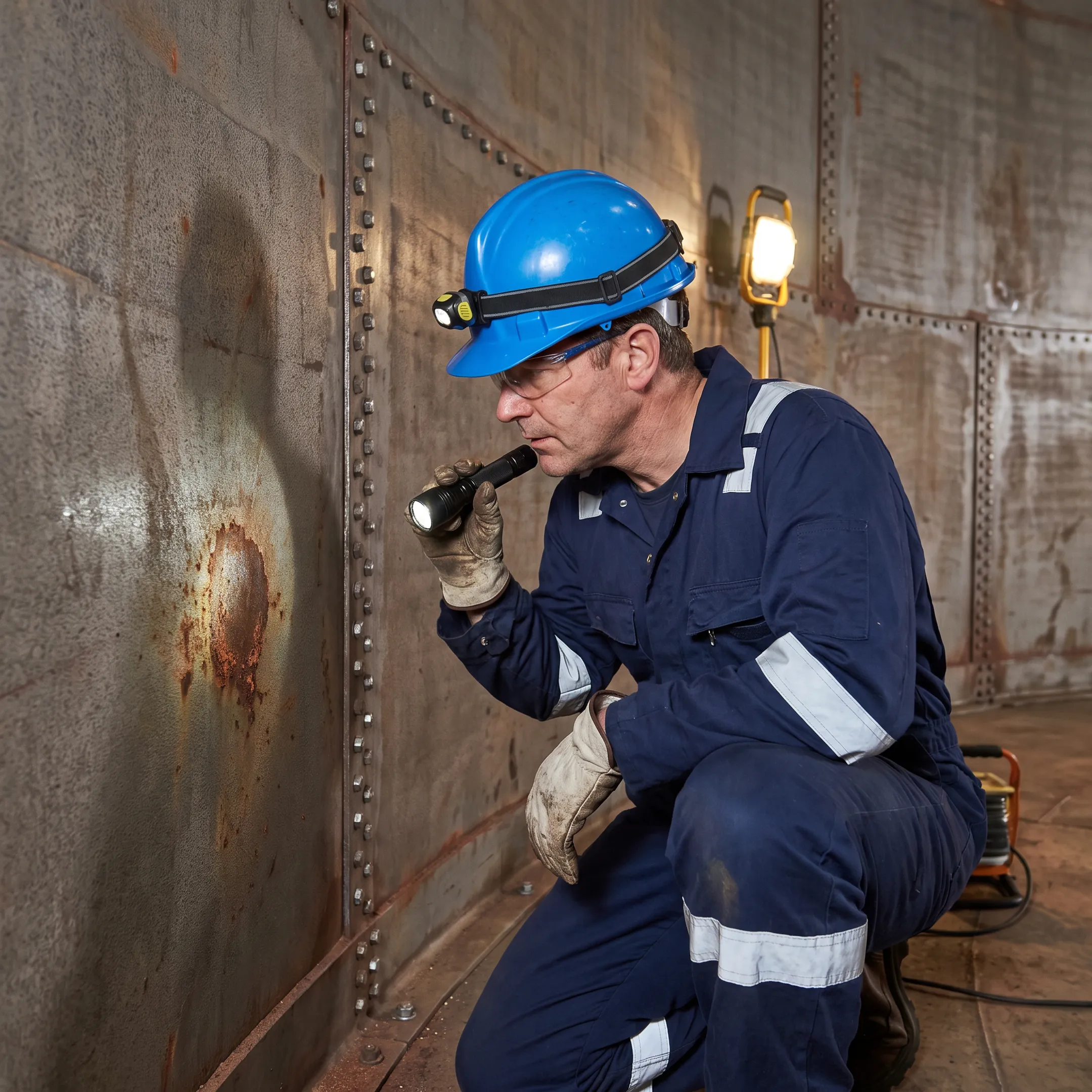 Engineer inspecting a prepared bolted tank surface before lining application
