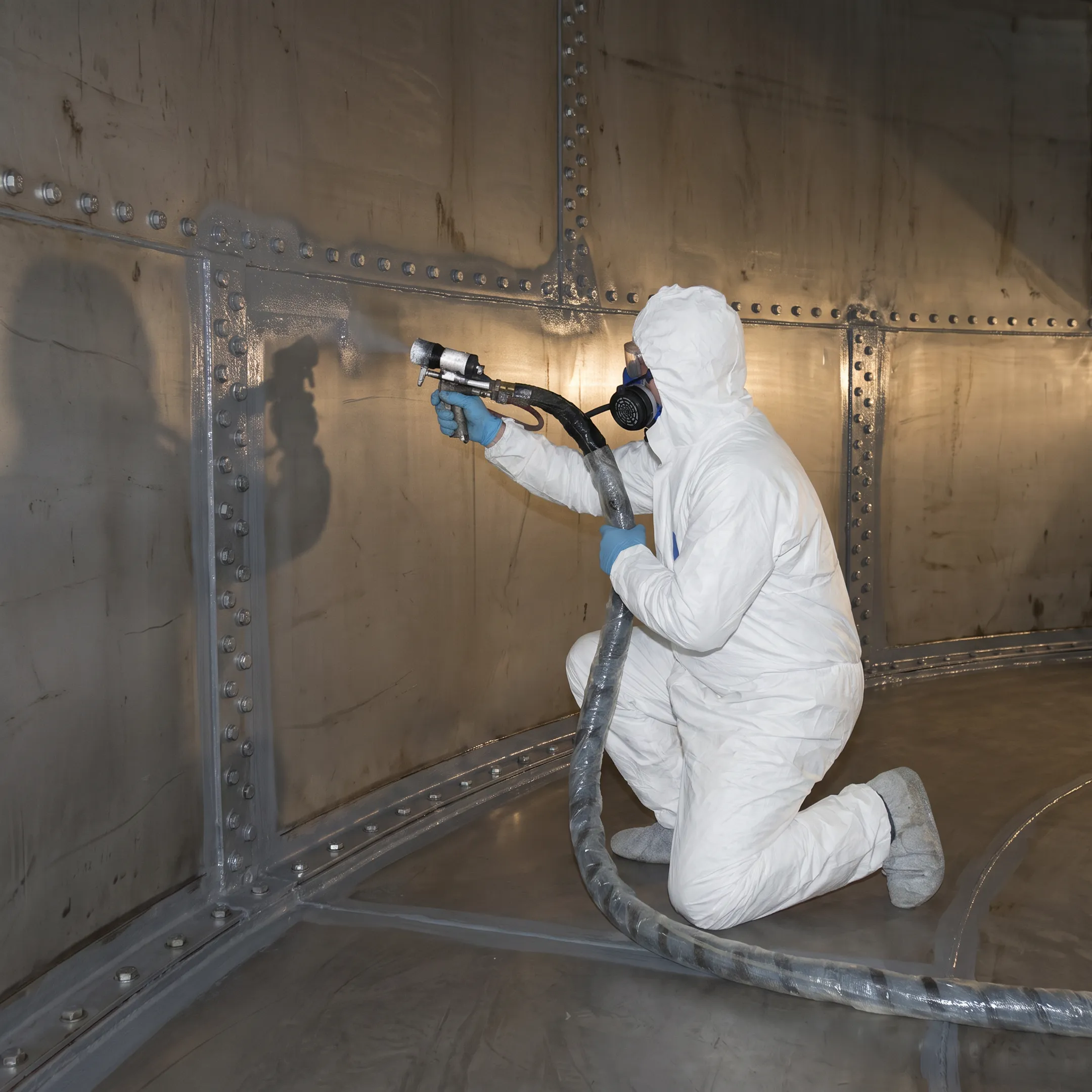 Technicians sealing a bolted tank seam inside an industrial storage tank