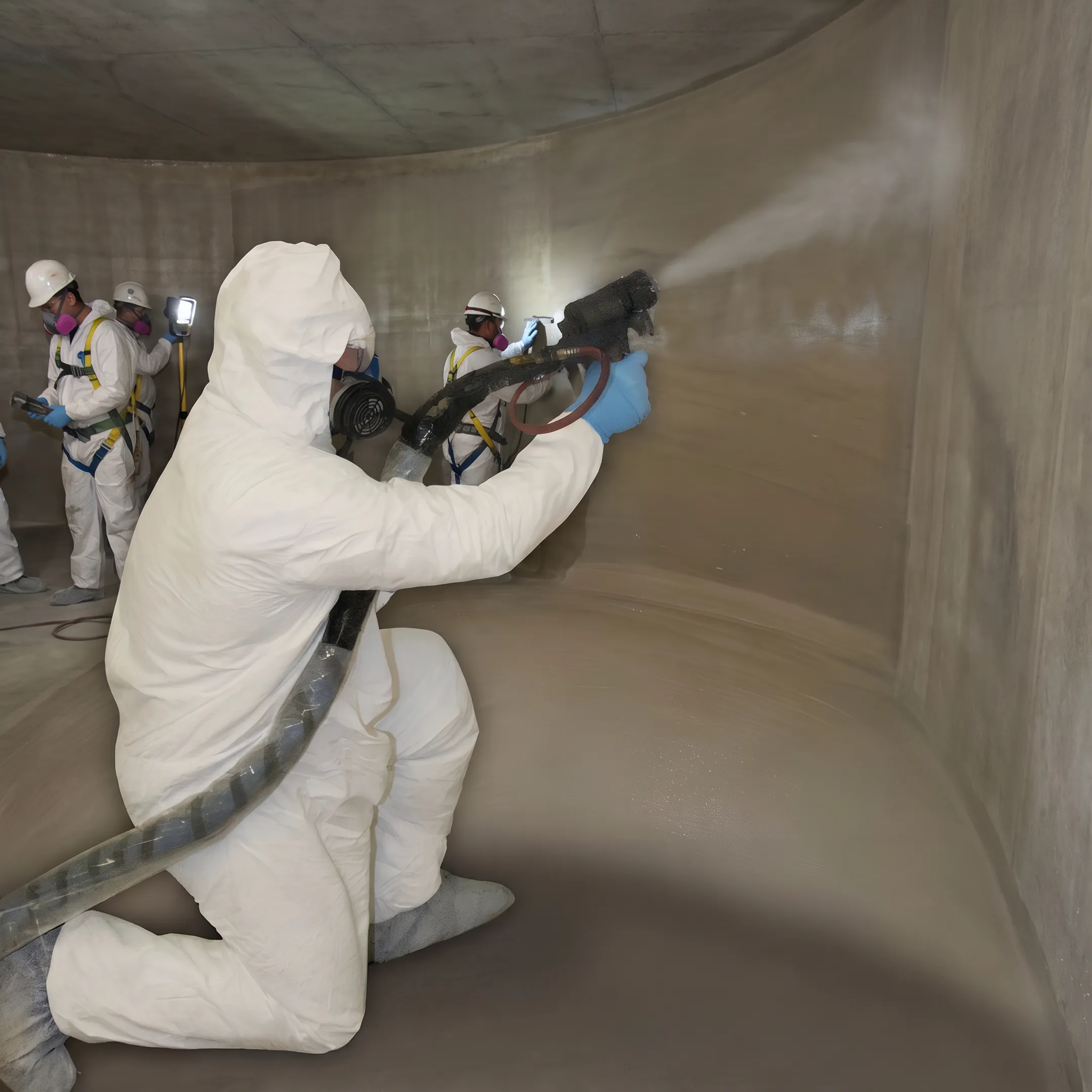 Crew applying waterproofing to the interior of a concrete storage tank