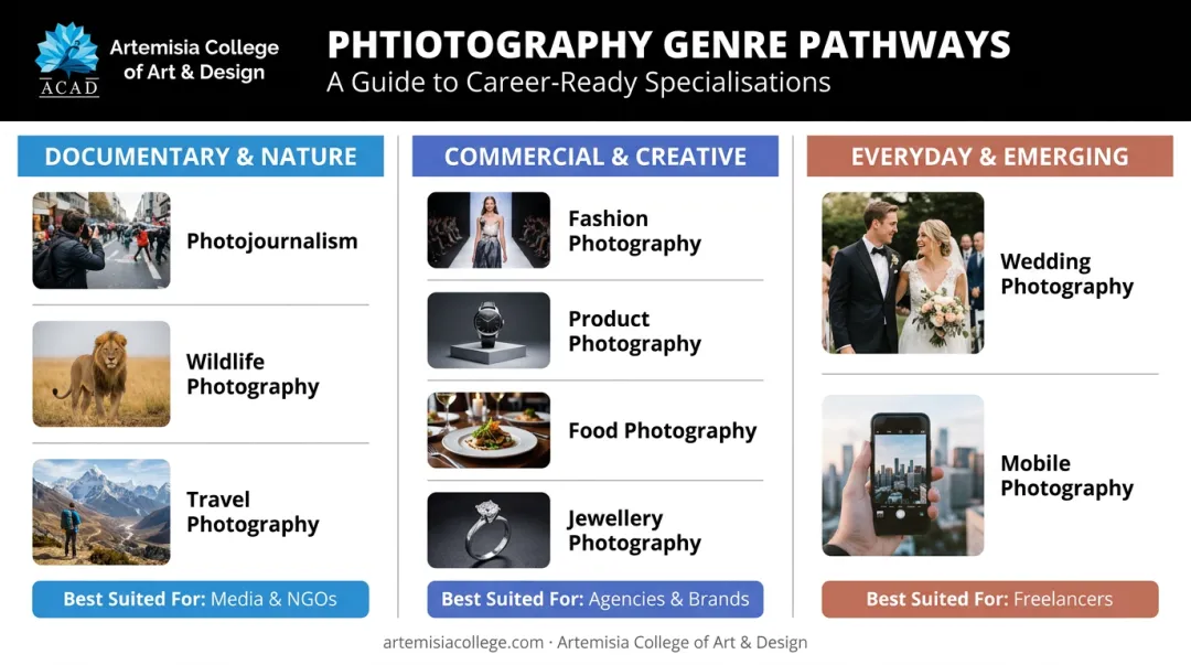 Photography genre specializations compared across documentary commercial and everyday categories