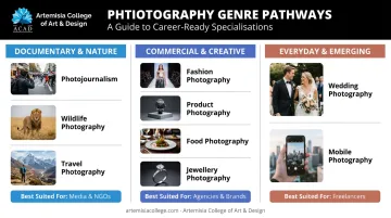 Photography genre specializations compared across documentary commercial and everyday categories