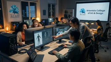 Students collaborating inside ACAD Studios game animation production facility