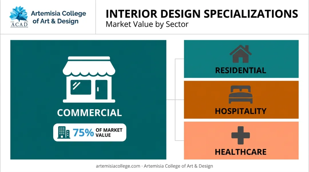 Four interior design specializations market share breakdown by sector