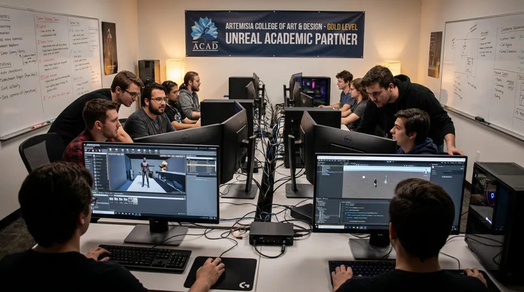 Game design students using Unreal Engine and Unity in a studio lab