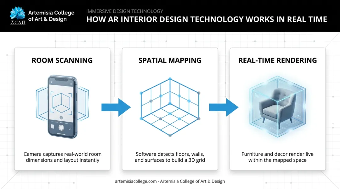 Three-step AR interior design process from scanning to rendering