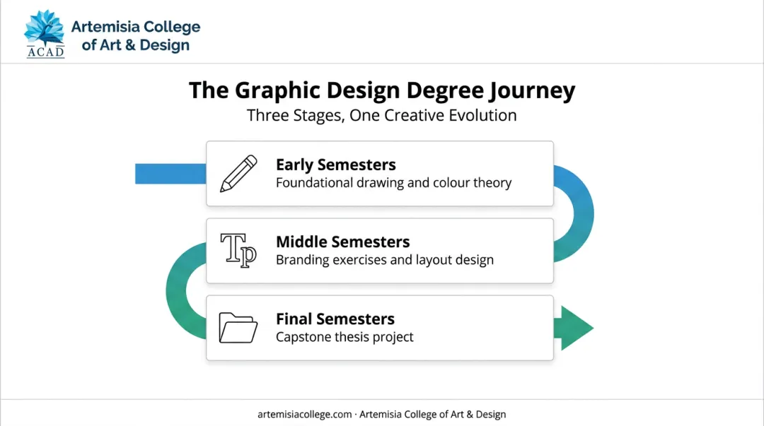 Three-stage graphic design curriculum progression from fundamentals to portfolio