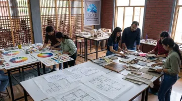 Interior design students learning color theory and material construction at Artemisia College