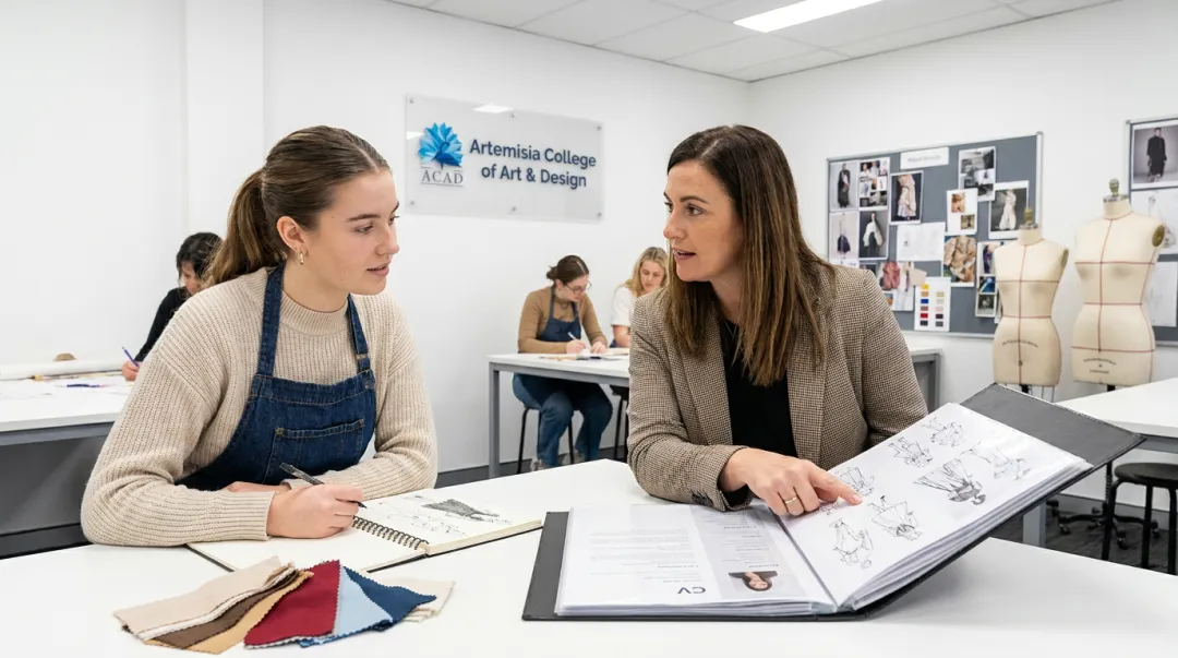 Fashion design student portfolio review session with mentor guidance