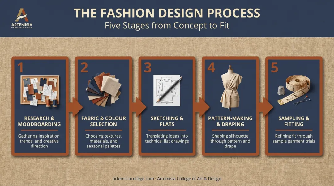 5-step fashion design process from research to final sampling