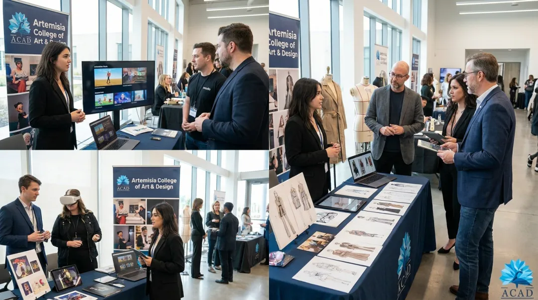Artemisia College students presenting design portfolios to industry recruiters